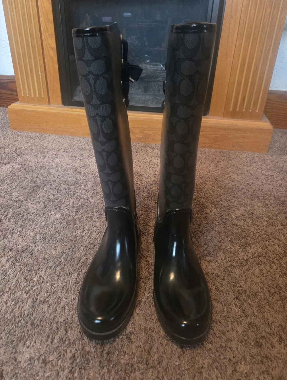 Coach Black Signature Logo Rain Boots with Lace-Up Detail